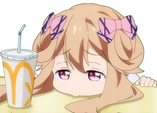 😕 fille animé, mignon, chibi, boisson, ennuyé, rose, noeuds whatsapp sticker