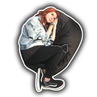😴 женщина, кресло-мешок, телефон, расслабление, повседневный, наушники, сидит, досуг telegram sticker