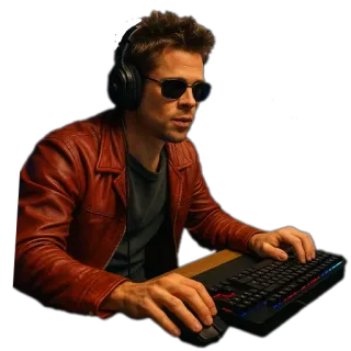 🎸 homem, gamer, computador, teclado, fones de ouvido, óculos de sol, jaqueta de couro telegram sticker