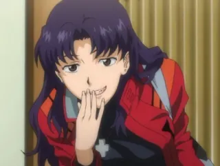 😜 Misato Katsuragi Neon Genesis Evangelion Аниме, Мисато Кацураги, Евангелион, Персонаж, Фиолетовые волосы, Красная куртка whatsapp sticker