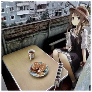🥞 animé, crêpes, balcon, thé, chapeau, fille telegram sticker