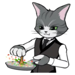 🥓 고양이, 요리, 요리사, 프라이팬, 음식, 의인화, 회색 고양이 telegram sticker