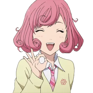 😄 anime, cartoon, character, pink hair, smiling, ok gesture telegram sticker