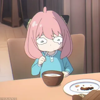 🍥 Anya Forger Spy x Family Anime, Ragazza, piangendo, cucchiaio, tavolo, colazione, Spy x Family telegram sticker