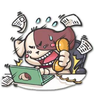 📞 pies, stres, biuro, laptop, kreskówka, telefon, wyczerpany telegram sticker