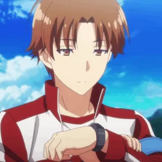 🎲 Ayanokoji Kiyotaka Classroom of the Elite Anime, Adolescente, Inteligente, Sério, Vermelho, Cabelo castanho whatsapp sticker