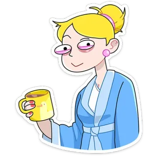 😵‍💫 การ์ตูน, ผู้หญิง, ชุดคลุม, กาแฟ, เหนื่อย, เช้า telegram sticker