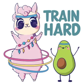 💪 TRAIN HARD lama, avocado, esercizio, allenamento, fitness, carino, cartone animato whatsapp sticker