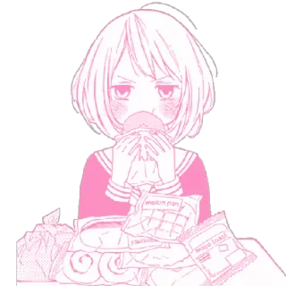 😑 melon pan, yakisoba, mayo toast comida, anime, manga, chica, comiendo, rosa telegram sticker