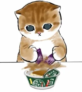 💗 kot, kociak, słodki, kreskówka, jedzenie, miska, naklejka telegram sticker