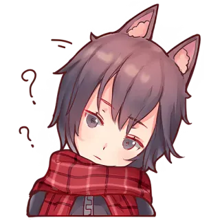 🤔 Anime, Punto interrogativo, Personaggio, Adesivo, Orecchie da gatto, Sciarpa, Confuso, Pensando telegram sticker