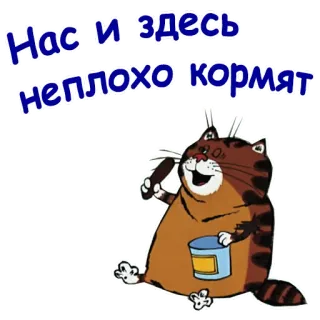 🥴 Нас и здесь неплохо кормят gato, comiendo, dibujos animados, ruso, texto, comida whatsapp sticker