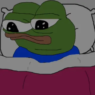 😴 Pepe the Frog ミーム, カエル, 悲しい, ベッド, ペペ telegram sticker