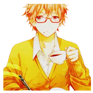 ☕ anime, boy, glasses, coffee, pen, drawing, character telegram sticker