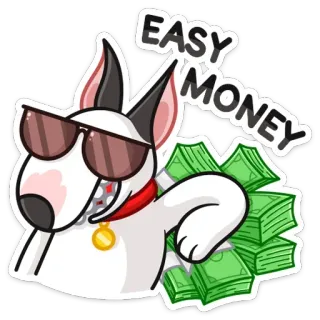 😎 EASY MONEY собака, деньги, легкие деньги, мультфильм, успех, богатство, солнцезащитные очки, бультерьер whatsapp sticker
