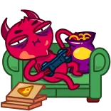 🎮 devil, gaming, lazy, couch, cartoon, snack, sleepy telegram sticker