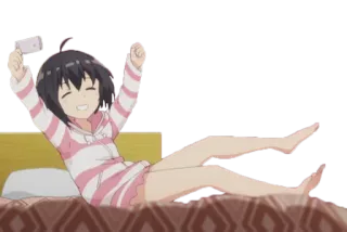 ✌ 动漫, 快乐, 女孩, 开朗, 床, 庆祝 telegram sticker