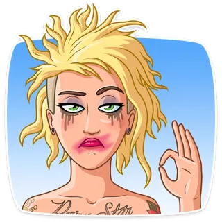 👌 trucco, stanco, punk, cartone animato, scarmigliato, ok telegram sticker
