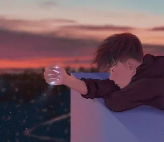 🖤 ragazzo, magia, tramonto, cielo, stelle, cartone animato, notte telegram sticker