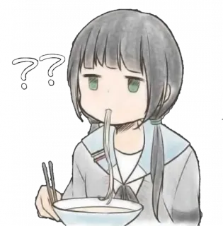 😑 ?? Anime, Chica, Comiendo, Signos de interrogación, Comida, Fideos, Lindo, Confundida telegram sticker