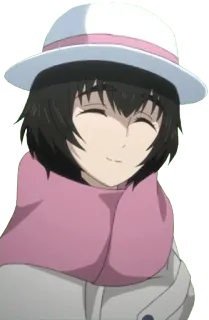 😊 Shiina Mayuri Steins;Gate 애니메이션, 여성, 미소, 모자, 스카프, 귀여운, 카와이 telegram sticker