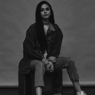 🖇 femme, assise, denim, télé, noir et blanc, portrait whatsapp sticker