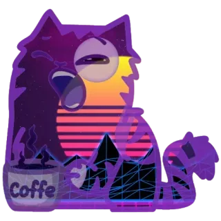 😚 Coffee 커피, 베이퍼웨이브, 레트로, 산, 일출, 음료, 보라색 telegram sticker
