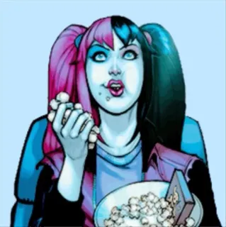 🦇 Harley Quinn ฮาร์ลีย์ ควินน์, ดีซีคอมิกส์, ตัวละครการ์ตูน, ป๊อปคอร์น, กิน, การ์ตูน, ตัวร้าย telegram sticker