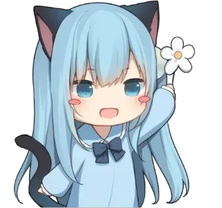 🌸 Anime, Kawaii, Chibi, Kocia dziewczyna, Słodkie, Niebieskie włosy, Kwiat telegram sticker