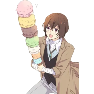 😃 Osamu Dazai Bungo Stray Dogs Anime, Osamu Dazai, Bungo Stray Dogs, Eis, Dessert, lächelnd, Charakter telegram sticker