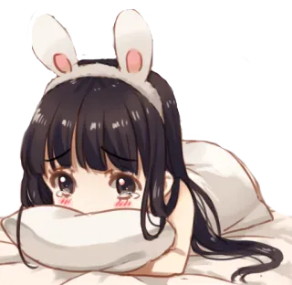 😢 สาวอนิเมะ, หูกระต่าย, ร้องไห้, เศร้า, คาวาอิ, เตียง, หมอน telegram sticker