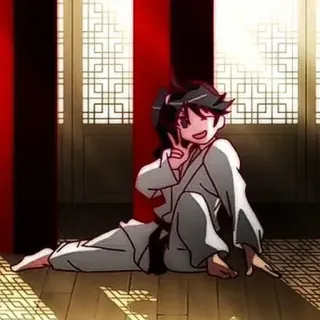 🍩 artes marciais, anime, judô, sinal de paz, sentado, interior telegram sticker
