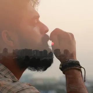 🍃 hombre, paisaje urbano, perfil, pulsera, barba, doble exposición whatsapp sticker