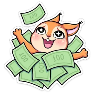 💰 geld, eichhörnchen, cartoon, bargeld, glücklich, hundert dollarscheine telegram sticker
