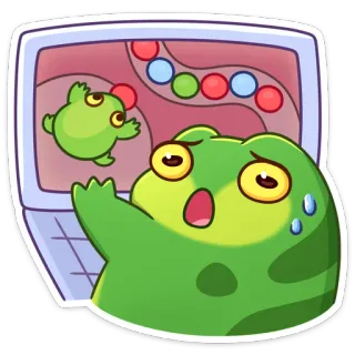 😅 grenouille, ordinateur, jeu, inquiet, dessin animé, vert, autocollant whatsapp sticker