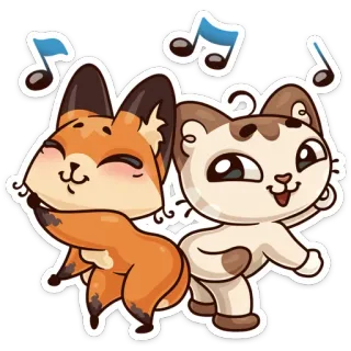 🎼 zorro, gato, animales, baile, dibujos animados, lindo, kawaii, música whatsapp sticker