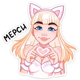 😽 МЕРСИ девушка аниме, кошачьи уши, жест сердца, милый, каваий, мультфильм, стикер whatsapp sticker