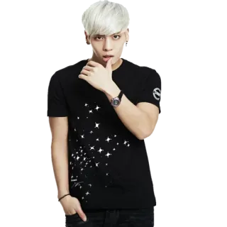 😘 homem, camisa preta, pose, cabelo branco, relógio, asiático, masculino telegram sticker