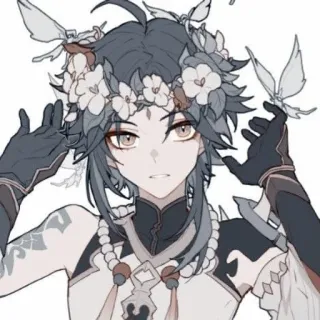 🌟 Xiao Genshin Impact Anime, Genshin Impact, Xiao, Coroa de flores, Personagem de videogame telegram sticker