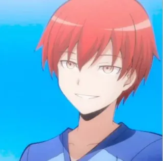 ✨ Karma Akabane Assassination Classroom anime, boy, red hair, smile, character telegram sticker