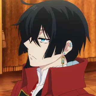 ♟ anime, character, male, red jacket, hourglass earrings, black hair, blue eyes telegram sticker