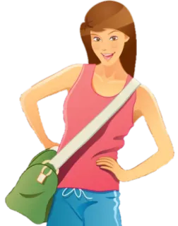 😄 cartoon, girl, brunette, character, tank top, shorts, bag, woman telegram sticker