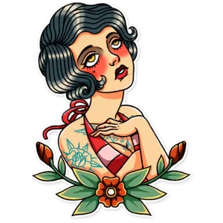 🙄 woman, tattoo, flower, vintage, pin-up, illustration, cartoon whatsapp sticker