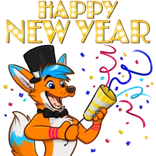 🎊 HAPPY NEW YEAR nouvel an, fête, renard, soirée, confettis, dessin animé, animal whatsapp sticker