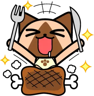 😋 chat, nourriture, steak, fourchette, couteau, faim, mignon, dessin animé telegram sticker