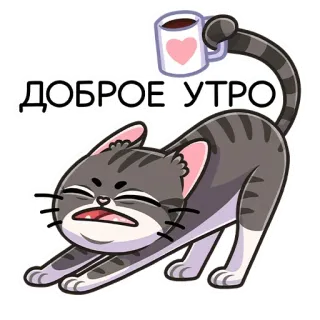 ☕️ ДОБРОЕ УТРО chat, bonjour, café, mignon, salutation, animal, illustration whatsapp sticker