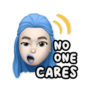 😒 NO ONE CARES Memoji, cabelo azul, ninguém se importa, atitude, arte digital telegram sticker