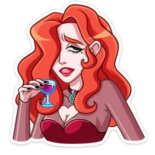 😅 woman, red hair, wine, cartoon, glass, female, drinking, elegant telegram sticker