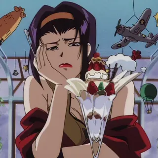 ❤️ Faye Valentine Cowboy Bebop Anime, Faye Valentine, Makanan Penutup, Es Krim, Sedih, Retro telegram sticker