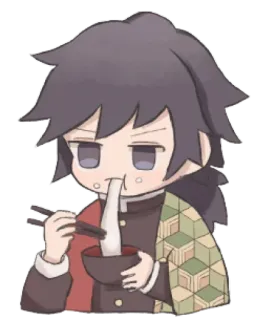 ❄ Giyu Tomioka Demon Slayer anime, demon slayer, giyu tomioka, chibi, eating, noodles whatsapp sticker